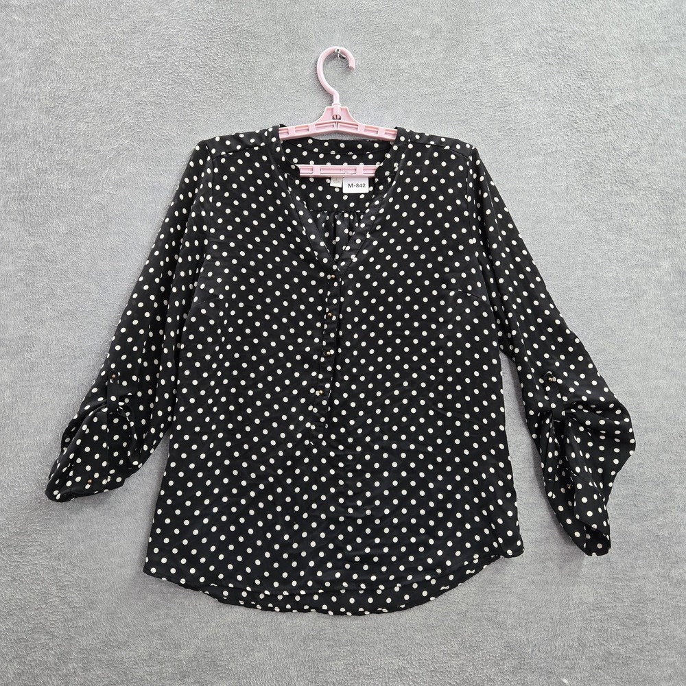 Lauren Conrad Women Blouse L Black‎ Polka Dot V-Neck Button Front